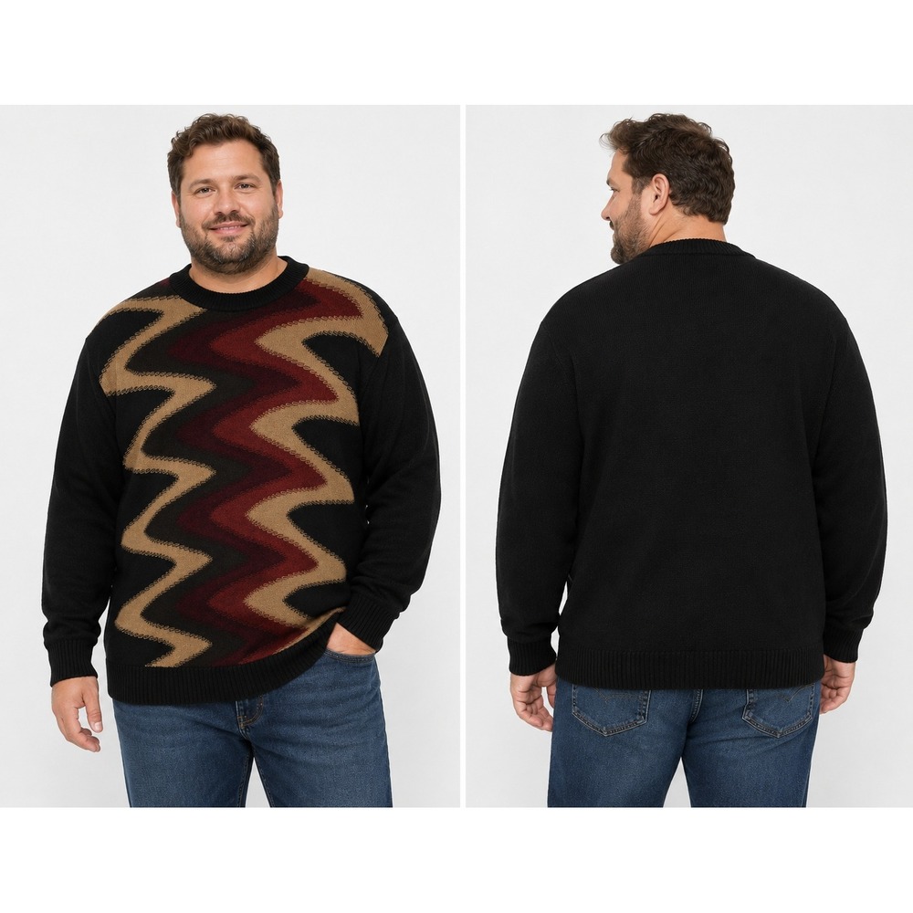 Black Sweater XL Black Red Tan Zig Zag Geometric Wool Blend Coofi Grandpa 90 Y2K